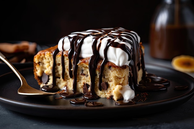 Decadent slice of banana cake topped with whipped cream and drizzle of chocolate sauce