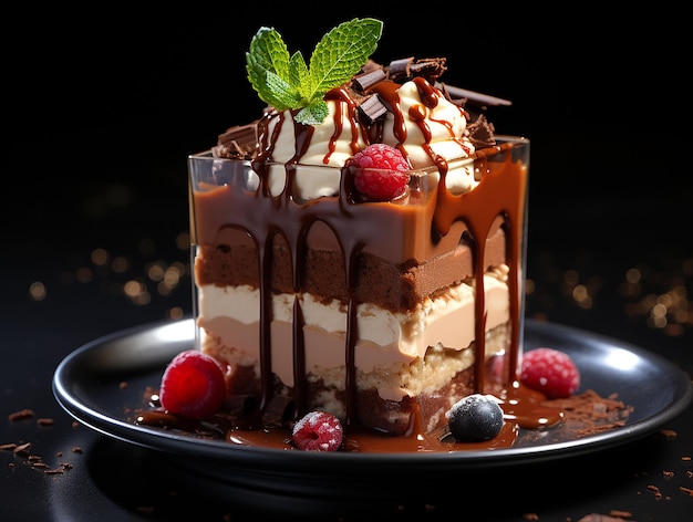 Decadent Temptation CloseUp of a Chocolate Mousse Dessert on a Black Plate