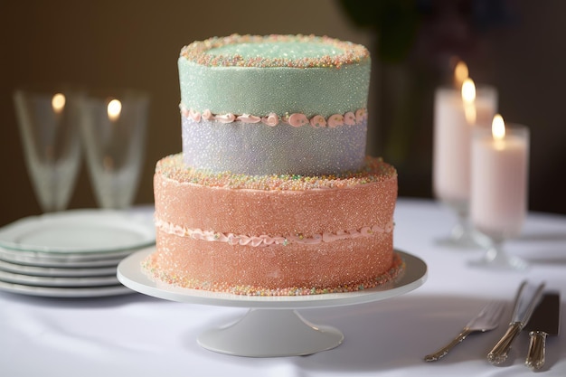 Decadent threetier ring cake with layers of delicate pastel frosting finished with sparkly crystal