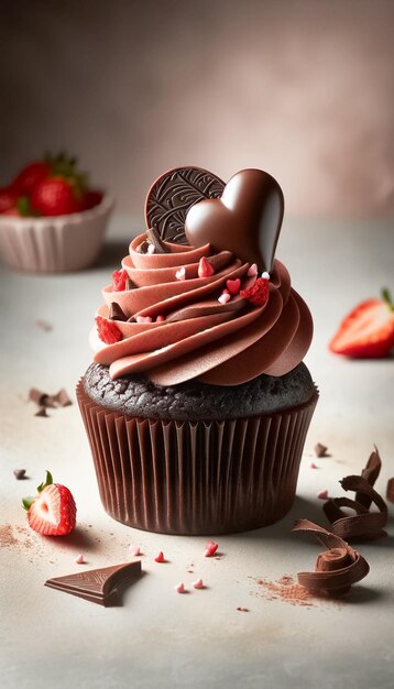 Decadent valentines chocolate cupcake with strawberry accents