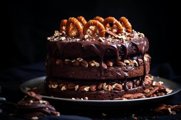 Decadente chocolade bedekte pretzel cake met pretzel stukjes