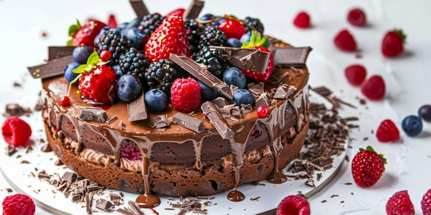 Decadente chocolade bessen taart met vers fruit en donkere chocolade scherven