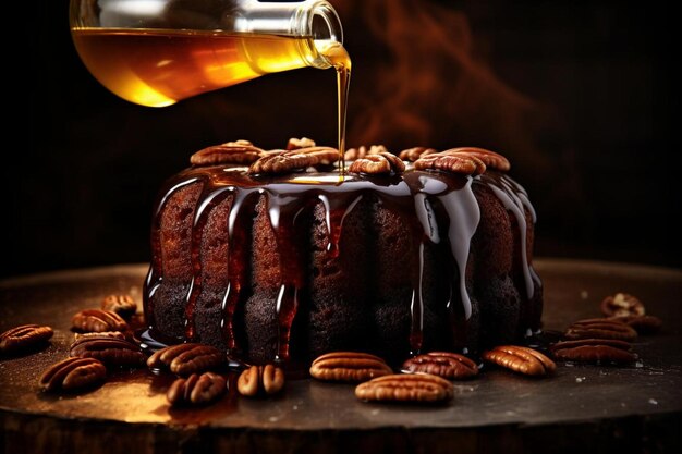 Decadente chocolade bourbon pecan cake met bourbon glazuur