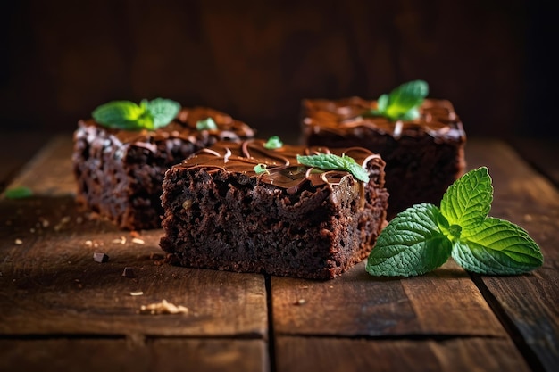 Foto decadente chocolade brownies met verse munt