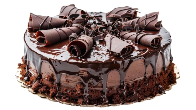 Decadente chocoladekoek met lagen op witte achtergrond