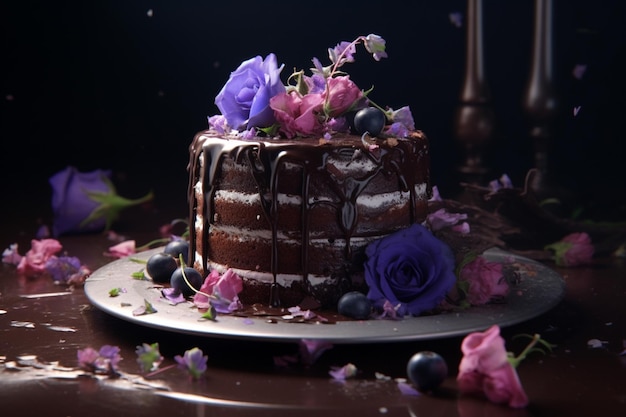 Decadente chocoladekoek versierd met bloemen