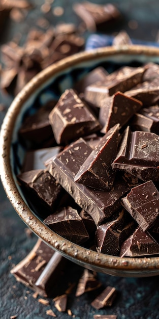 Decadente donkere chocoladeblokken in een schaal, perfect voor bakken en koken