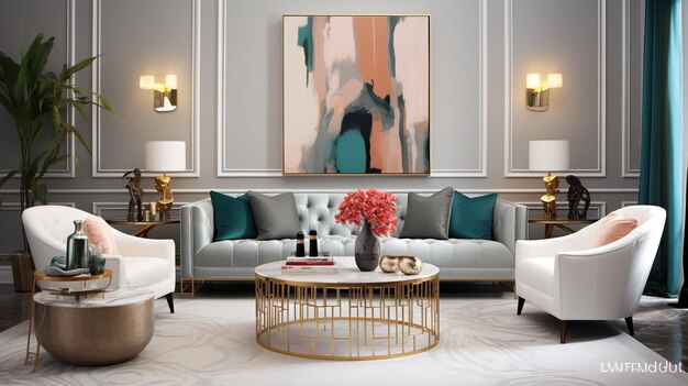 Foto decadente glamour art deco geïnspireerde woonkamer met luxe touches