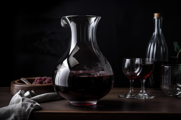 Photo decanter filled with dark red wine ready to be served