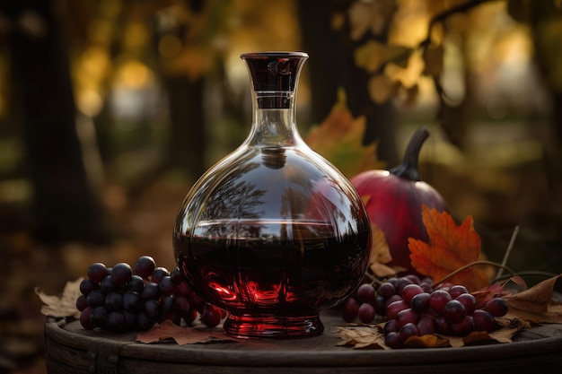 Decanter filled with deep red wine surrounded by autumn foliage