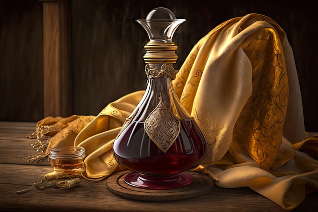 Decanter with wine filled with golden burgundy robe on wooden table