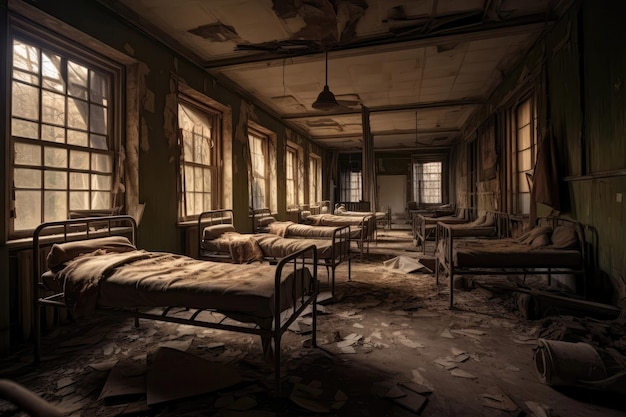 Decaying Abandoned Hospital With Broken Windows And Empty Beds Generative AI