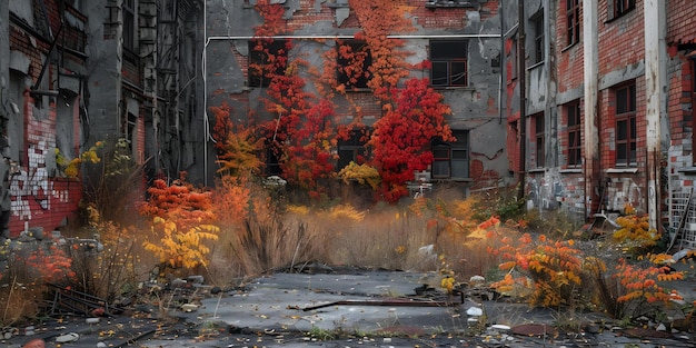 Decaying urban scenery with deteriorating structures and overgrown plants in the foreground Concept Urban Decay Deteriorating Structures Overgrown Plants Abandoned Cityscape