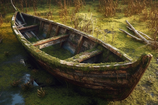 Decaying wooden boat covered in algae