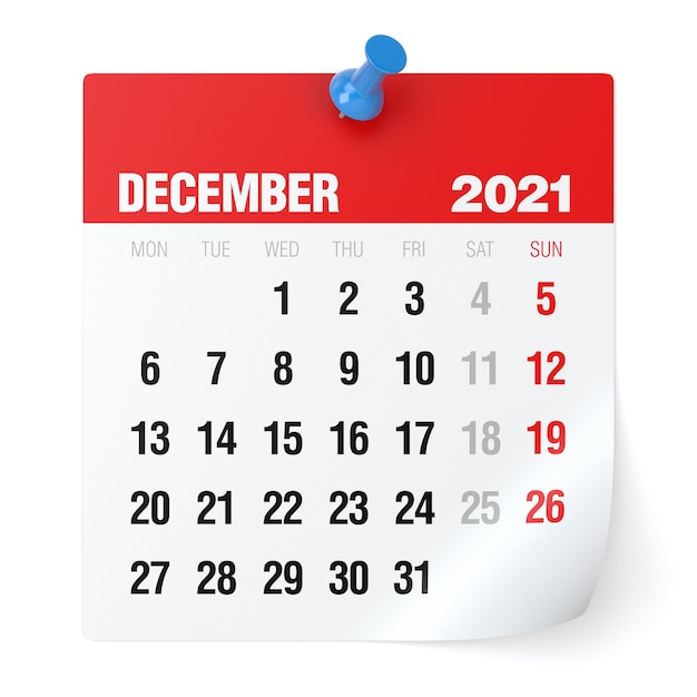 2021年12月のカレンダー。白い背景で隔離。 3Dイラストレーション