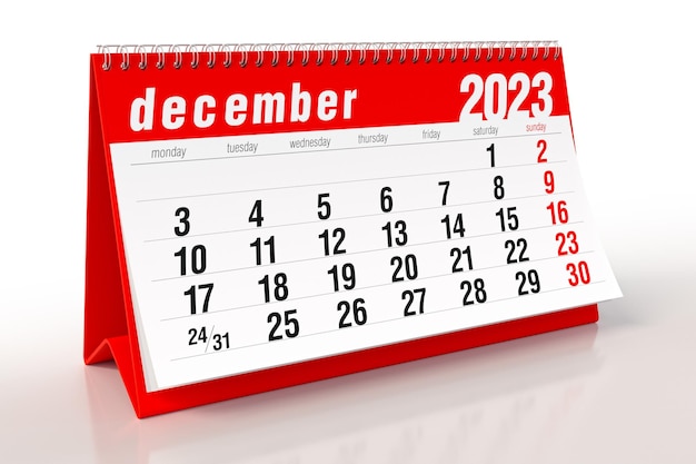 Calendario dicembre 2023 isolato su sfondo bianco illustrazione 3d