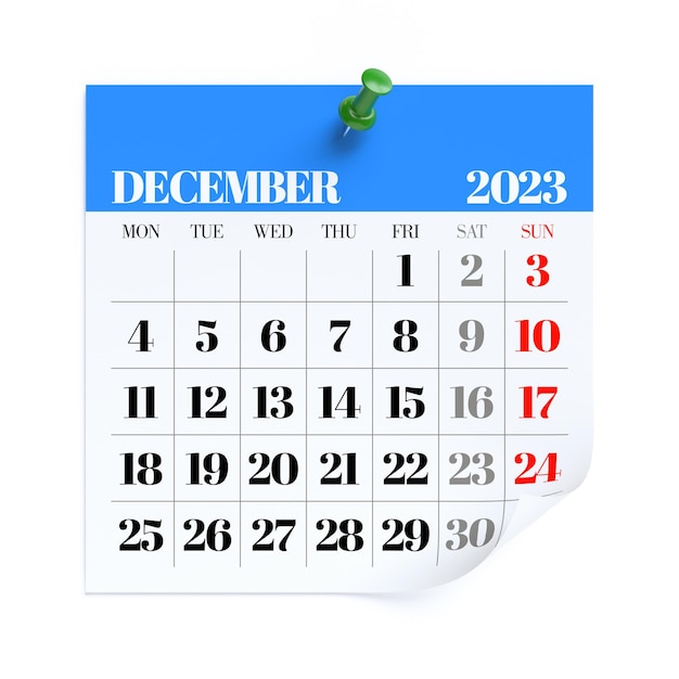 December 2023 Calendar Isolated on White Background 3D Illustration