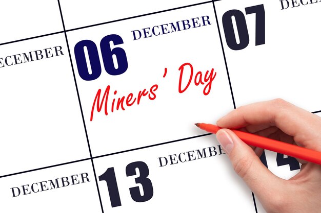 Foto 6 dicembre testo di scrittura a mano giornata dei minatori alla data del calendario salva la data