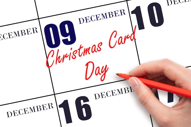 December 9th Hand writing text Christmas Card Day on calendar date Save the date