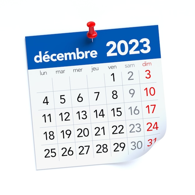 December Calendar 2023 in French Language Isolated on White Background 3D Illustration