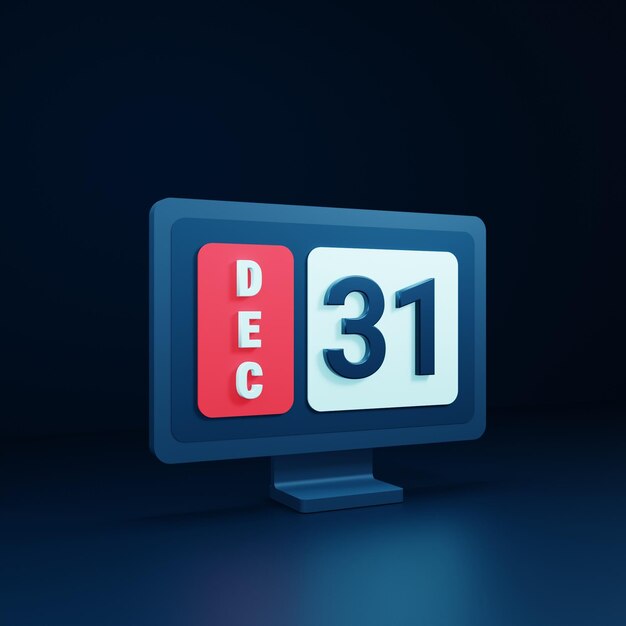 Foto illustrazione 3d dell'icona del calendario di dicembre con monitor desktop data 31 dicembre