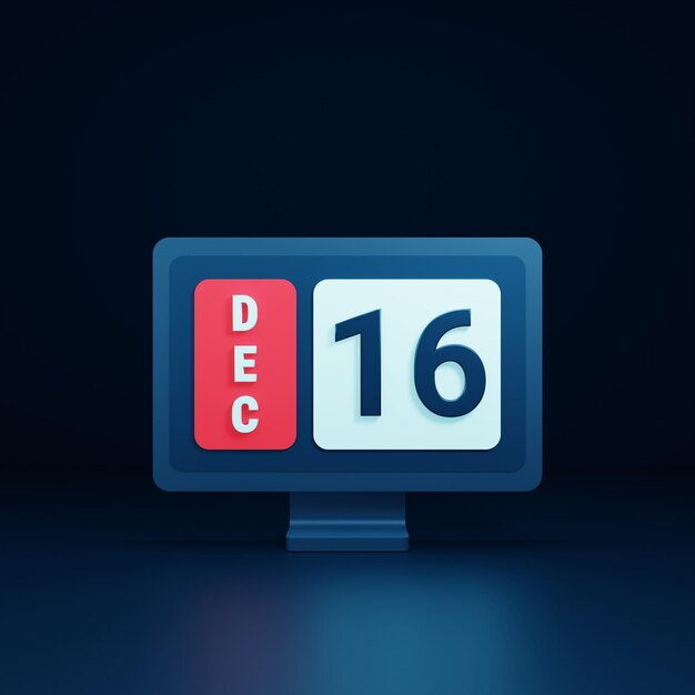 December Kalenderpictogram 3D Illustratie met Desktop Monitor Datum 16 December