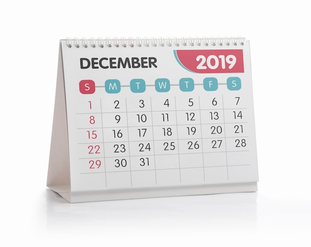 December White Office Calendar 2019 Isolated on White