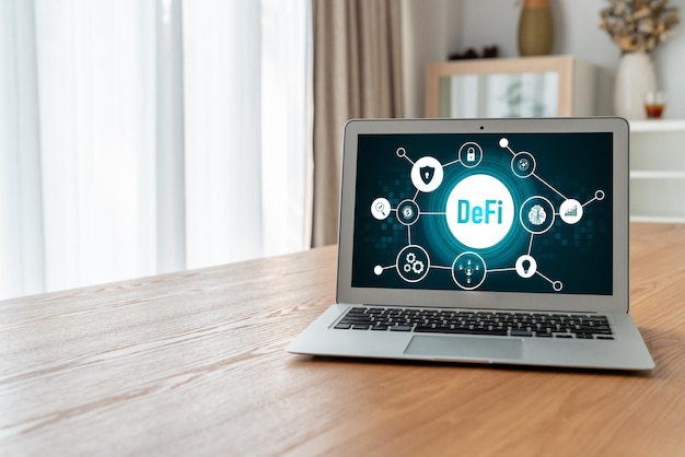 Decentralized finance or DeFi concept on modish computer screen The defi system give new choice of investment and money saving