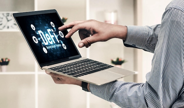 Decentralized finance or DeFi concept on modish computer screen The defi system give new choice of investment and money saving