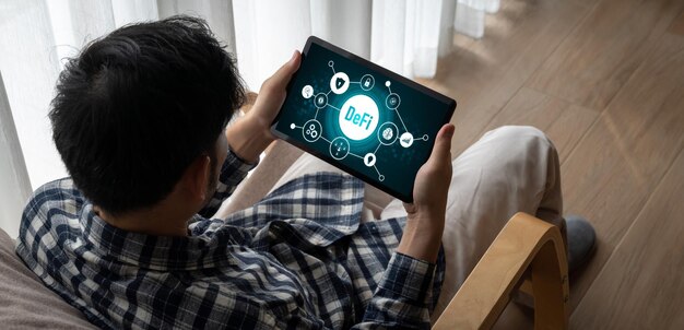 現代のコンピューター画面での分散型ファイナンスまたはDeFiコンセプト