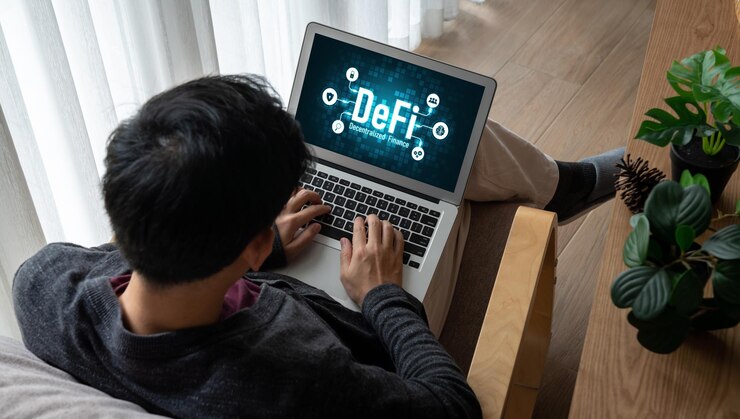Photo decentralized finance or defi concept on modish computer screen