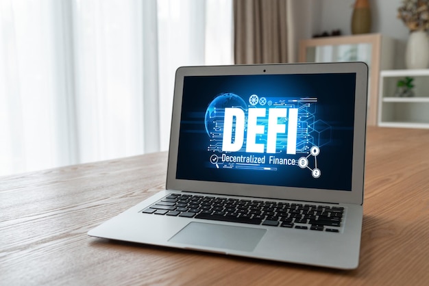現代のコンピューター画面での分散型ファイナンスまたはDeFiコンセプト