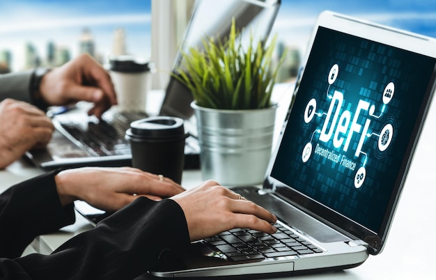 写真 現代のコンピューター画面での分散型ファイナンスまたはdefiコンセプト
