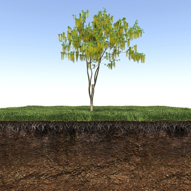 Deciduous tree and soil cut under it. Isolated garden element, 3D illustration, cg render