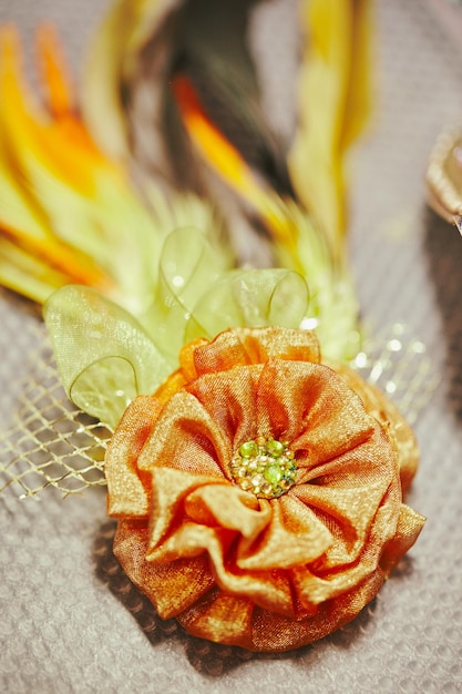 Photo decirative brooch with feathers for mardi gras or carnivale mask and beads on golden background part