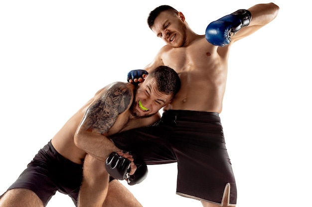 Foto colpo decisivo. due combattenti professionisti in posa isolati su sfondo bianco per studio. coppia di atleti caucasici muscolosi in forma o pugili che combattono. sport, competizione e concetto di emozioni umane.