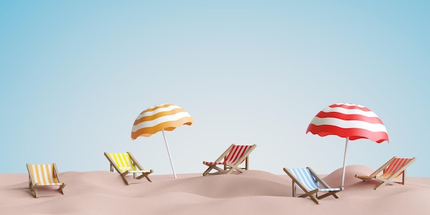 Deck chair on the beach in summer vacation 3D illustration