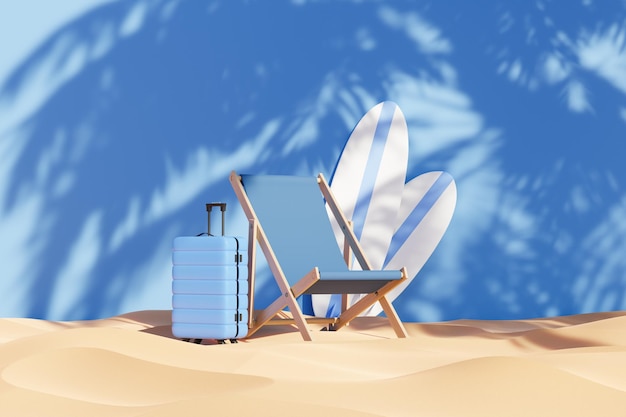 A deck chair luggage and two surfboards d render