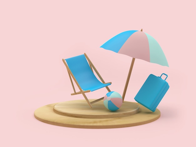 deck chair and suitcase with a beach umbrella on a stand