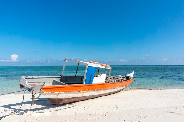 Deck chairs on beach against blue sky