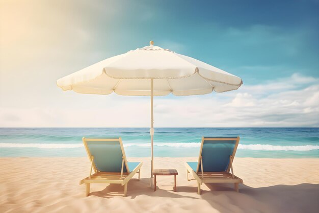 Deck chairs and beach umbrella on a sandy beach generative ai 7