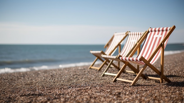 Deck chairs on a beach with the ocean in the background