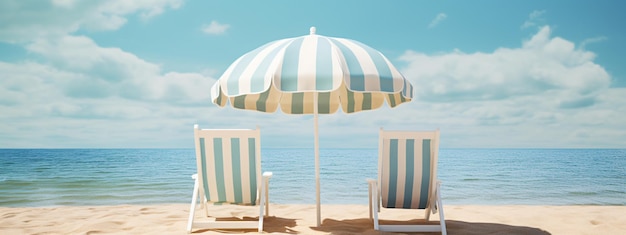 해변에 있는 체어와 우산 빈티지 현실적인 여름 휴가 배경