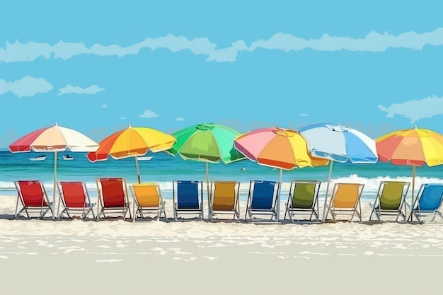 Photo deck chaisr and beach umbrellas on deserted beach in summer