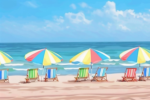 Photo deck chaisr and beach umbrellas on deserted beach in summer