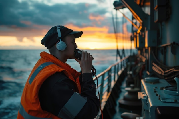 Фото Офицер палубы использует радио на борту танкера