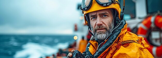 Photo on the deck of an offshore vessel or ship a marine deck officer or chief mate is dressed in ppe which includes a helmet and coveralls his hands are holding a vhf walkietalkie radio