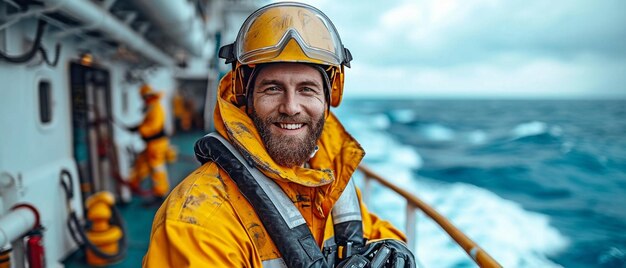 해상 선박 또는 선박의 갑판에서 해상 갑판 장교 또는 수석 장교는 헬과 오버을 포함하는 PPE를 입고 있습니다. 그의 손은 VHF walkie-talkie 라디오를 들고 있습니다.