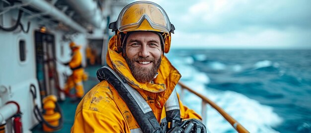 На палубе морского судна или корабля морской палубный офицер или старший помощник одет в ОИЗ, который включает в себя шлем и комбинезон.