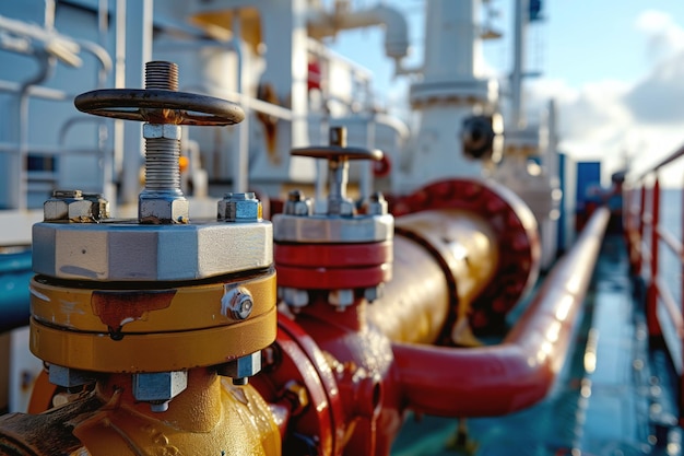 Deck of oil tanker with tubes and pipes keeping liquid